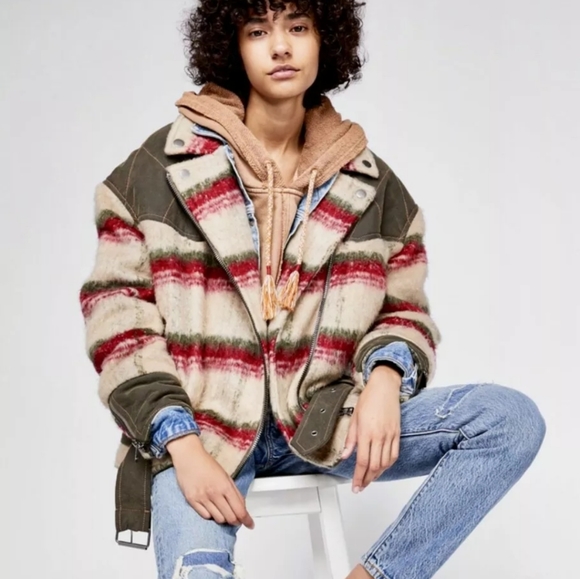 Free People Moto Jacket Fuzzy Stripe Oversize Mont - Picture 4 of 9